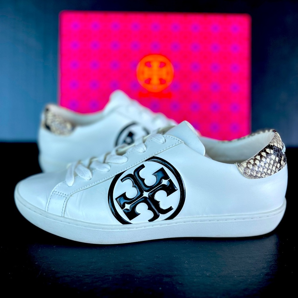 Tory Burch White Sneakers with Black Logo and Snakeskin Accent
